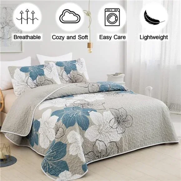 3 Pieces Quilt Set California King Blue Floral Pattern Quilt Coverlet - Picture 2 of 8